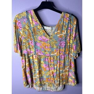 Rustydustty Floral Boho Babydoll Top Women's XL Retro 70s Cottagecore Hippie